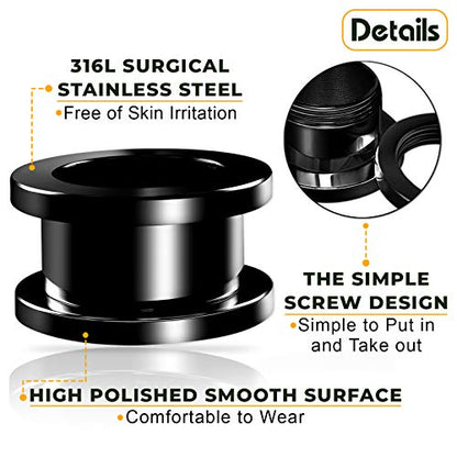 Pair of 316L Surgical Steel Black Anodized Screw-fit Piercing Jewelry Ear Stretching Lobe Plugs flesh Tunnel Earring - style: A07 2Pcs 4g (5mm)