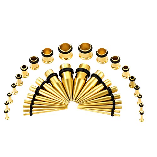 36pcs Ear Stretching Kit 14G-00G Surgical Steel Tapers Tunnels Gauges Set for Starter Women and Men Expanders Body Piercing Jewelry - color: Goldtone