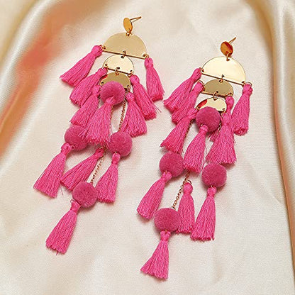 Long Tassel Earrings for Women Colorful Fringe Drop Dangle Earrings Bohemian Hawaiian Summer Beach Jewelry for Womens Vacation Outfits - color: Hot Pink