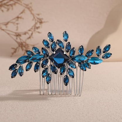 Square Rhinestone Hair Comb Silver Gold Rhinestone Wedding Headpiece Handmade Crystal Bridal Hair Comb Bridal Hairpiece for Brides Bridesmaid (silver peacock blue) - color: silver peacock blue
