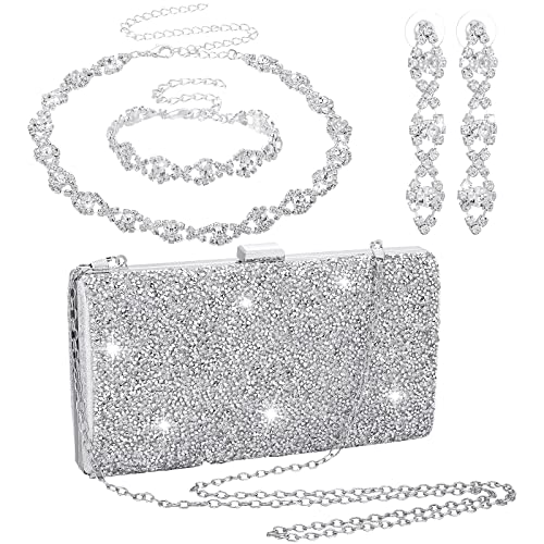 Mixweer 4 Pieces Clutch Purses Bag for Women Evening Rhinestone Jewelry Set Bling Necklace Earrings Bracelets Set for Wedding - style: Stylish Style