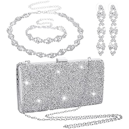 Mixweer 4 Pieces Clutch Purses Bag for Women Evening Rhinestone Jewelry Set Bling Necklace Earrings Bracelets Set for Wedding - style: Stylish Style