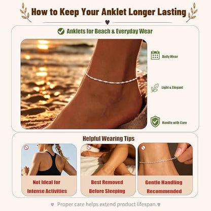 Moodear Ankle Bracelets for Women 14K Silver Plated Layered Chain Anklets | Waterproof Non Tarnish Adjustable Double Layer Anklet with Satellite Bead Chain Design for Summer Beach Jewelry Gift - color: silver-1