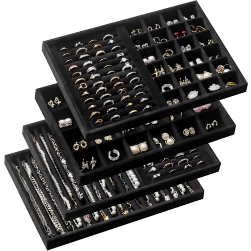 Large Jewelry Drawer Organizer Trays Set of 4, Stackable Velvet Jewelry Trays Organizer Holder Display Storage Showcase for Earring Necklace Bracelet Ring Accessary (Black, R1+R2+16+24 Grids) - color: Black, size: R1+R2+16+24 Grids