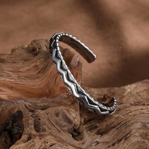 Navajo-Style Geometric Cuff Bracelet, Stainless Steel Western Southwestern Tribal Open Bangle for Men Women, Vintage Oxidized Statement Jewelry