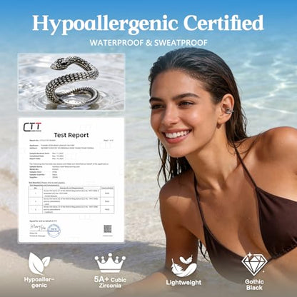 Gothic Stainless Steel Ear Cuffs Non Piercing Cartilage Clip On | Punk Emo Y2k Alt Goth Style,Men Women,Silver Fake Earring,Hypoallergenic Adjustable,Jewelry Gift,Edgy design - color: L4-Black Snake Design