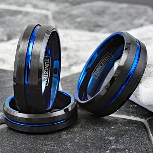 Stunning 6mm/8mm Brushed Satin Finish Black Tungsten Carbide Band Ring w/Brilliant Thin Blue Line Stripe & Matching Brilliant Blue Comfort Fit Inner Band.