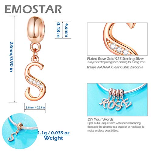 EMOSTAR Letter Charms Initial A-Z Alphabet Beads, Rose Gold 925 Sterling Silver Dangle CZ Birthstone Pendant, Gifts for European Charm Bracelet/Mothers Day/Birthday - color: Letter S