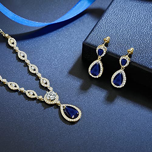 GULICX AAA Cubic Zirconia CZ Silver Plated Base Women's Party Jewelry Set Earrings Pendant Necklace - color: Blue CZ-gold plated
