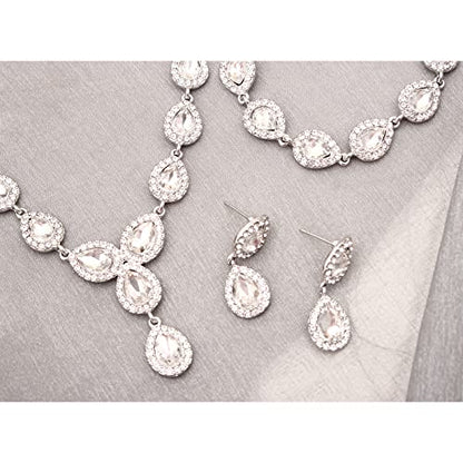 Austrian Crystal Rhinestone Necklace Dangle Earrings Link Bracelet Jewelry Set for Brides Bridesmaid Prom Costume Accessories for Women - color: White-Platinum Plated