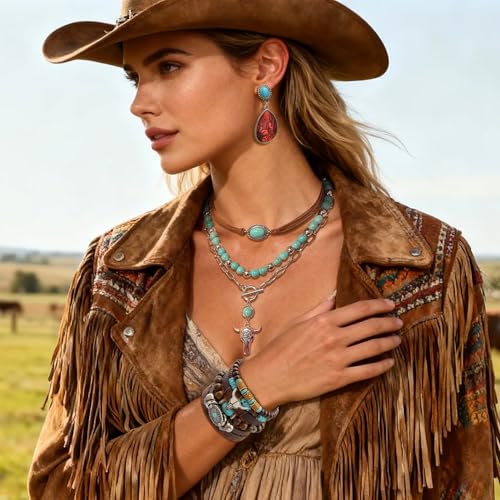 RechicGu Western Jewelry For Women Bohemian Turquoise Dangle Earrings Necklace Bracelet Set, Bullhead Pendant Layered Choker Boho Faux Leather Wristband Country Concert Cowgirl Accessories - color: Jewelry Set D