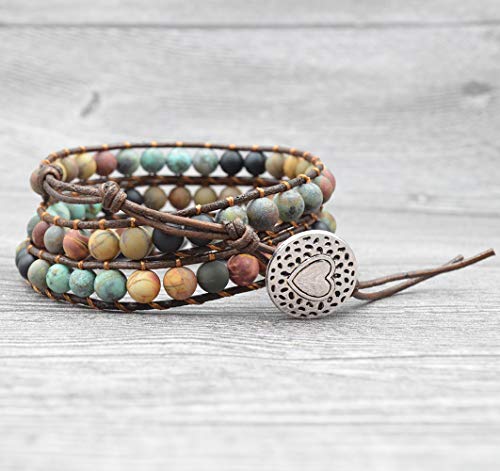 Fashion Love Heart Beaded Leather 3 Wrap Bracelets for Women Handmade Boho Natural Stone Ball Beads Wrist Bracelet Nice Gifts New Adjustable