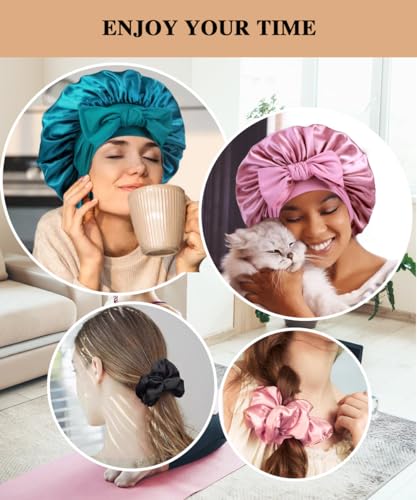 2+3 Large Satin Bonnets with Scrunchies for Women, Hair Bonnet Sleeping Tie Bonnet for Braids Curly Hair - color: F - Rose Gold, Teal