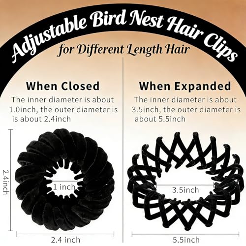 4Pcs Black Birds Nest Hair Clip Set for Women, Velvet Bird Nest Hair Clip Expandable Ponytail Holder, Lazy Bun Maker Hair Clips, Non Slip Bird Nest Plate Hairpins for Thick Thin Hair - color: 4 Black
