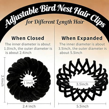 4Pcs Black Birds Nest Hair Clip Set for Women, Velvet Bird Nest Hair Clip Expandable Ponytail Holder, Lazy Bun Maker Hair Clips, Non Slip Bird Nest Plate Hairpins for Thick Thin Hair - color: 4 Black
