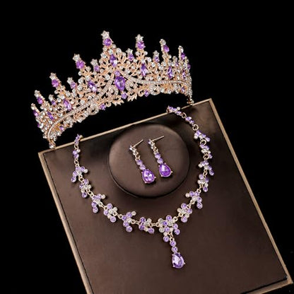 Crystal Crown and Tiara Jewelry Set for Women Bride with Necklace Earrings | Metal Rhinestone Royal Queen Princess Jewelry Set Wedding Quinceanera Pageant Prom Birthday Halloween Party Costume Gift - color: Style E-Gold Purple