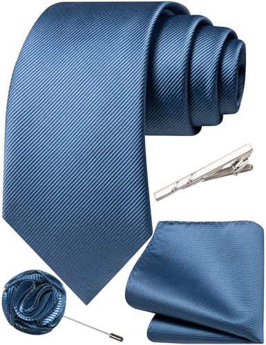 Solid Color Tie and Pocket Square with Tie Clip Lapel Pin Silk Formal Necktie Set Wedding Formal - color: Peacock Blue