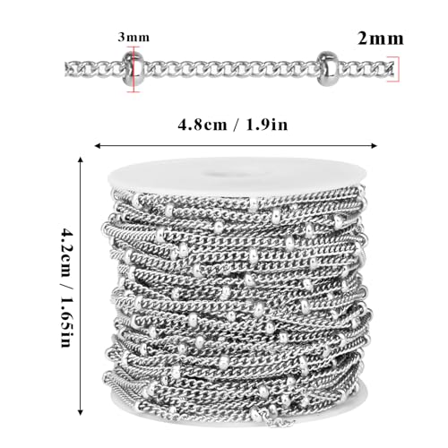 33FT 2mm Stainless Steel Satellite Curb Chains Roll Bulk for Jewelry Making | 304 Stainless Steel Ball Beaded Twisted Link Satellite Chain Spool for DIY Craft - color: Stainless Steel Small Beads Satellite Curb Chain