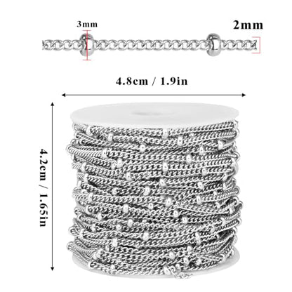 33FT 2mm Stainless Steel Satellite Curb Chains Roll Bulk for Jewelry Making | 304 Stainless Steel Ball Beaded Twisted Link Satellite Chain Spool for DIY Craft - color: Stainless Steel Small Beads Satellite Curb Chain