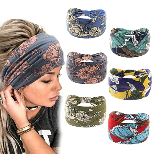 Yeshan Boho Bandeau headbands for Women Wide Bandana Knot Hair Scarf Floral Printed African Hair Bands Elastic Turban Thick Head Wraps Stretch Cotton Head Bands,Pack of 6 - color: No1(flower 6 pcs)