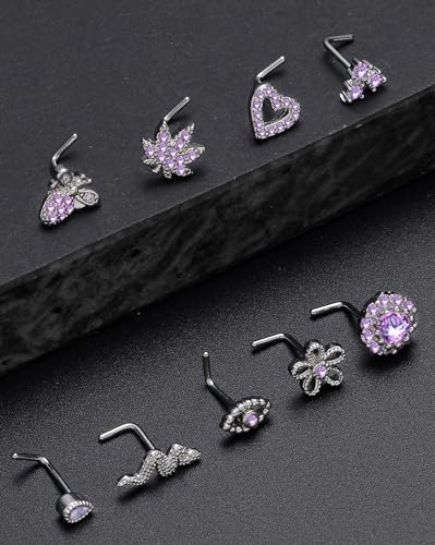 Tornito 16Pcs Nose Stud Rings L Screw Shaped Nose Ring Flower Snake Butterfly Heart Eye CZ Dangle Nose Rings Stud Body Piercing Jewelry for Women Men 20G Silver Pink Tone - color: F:Purple CZ(L Shaped)