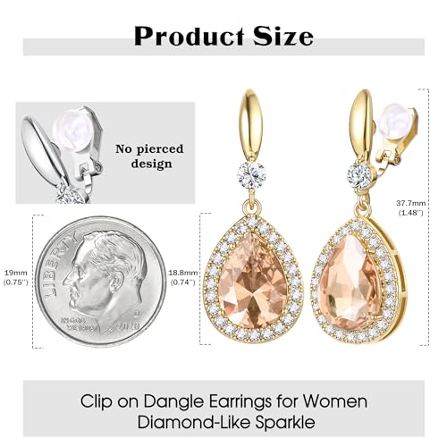 THUNARAZ Clip on Dangle Earrings for Women, Rhinestone Wedding Prom Jewelry | Clip Earrings Non-Pierced, Teardrop Dangle Earrings, Crystal Drop Earrings, Elegant Rhinestone Jewelry for Bride Bridesmaid - color: Gold Tone/Champagne Stone