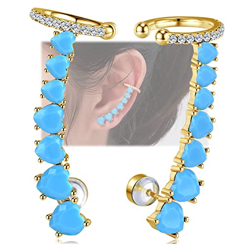 925 Sterling Silver Post Stud Earrings for Women Cartilage Ear Cuffs Hoop Climber 7 Multcolors Cubic Zirconia CZ Hypoallergenic Piercing Gifts For Her - color: Turquoise Gold
