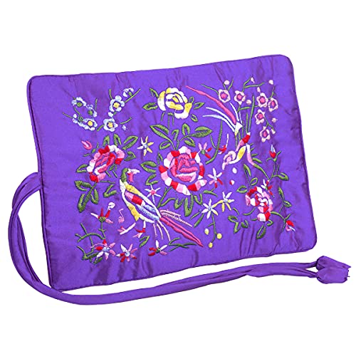 TUMBEELLUWA Embroidery Travel Jewelry Bag Roll Embroidered Flower and Bird Brocade Organizer with Tie Close - color: #7 Purple