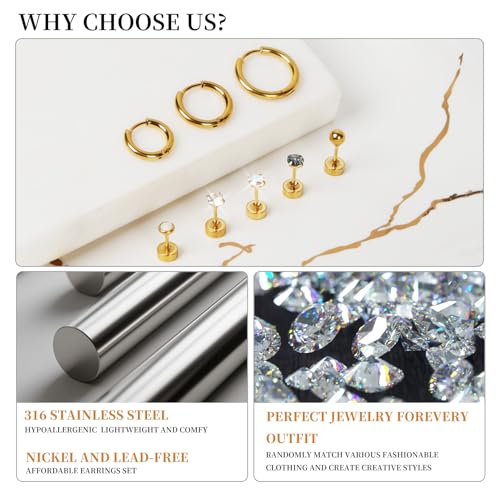 Surgical Steel Earrings for Sensitive Ears Hypoallergenic 20G Stainless Steel Stud Hoop Earrings for Women Men Small Opal Ball CZ Surgical Steel Flat Back Earrings Cartilage Earrings Hoop Stud - color: Gold
