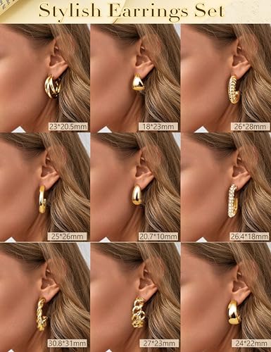 Gold Plated Clip On Earrings for Women Non Pierced Clip on Hoop Earrings | 9 Pairs 14K Gold Plated Waterdrop Chunky Hoop Earrings CZ Twist Statement Earring Set Hypoallergenic Fake Earring Jewelry - color: Gold
