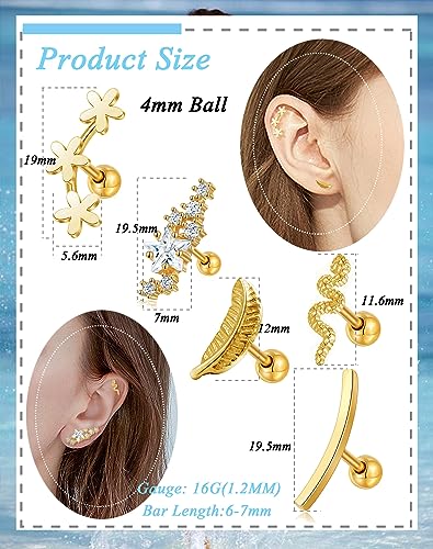 Tornito 9-30Pcs Cartilage CZ Stud Earrings Conch Forward Helix Tragus Daith Piercing Lip Rings Snake Heart Butterfly Jewelry for Women Men 16G Silver Gold Tone - color: A2: 9pcs, Gold Tone