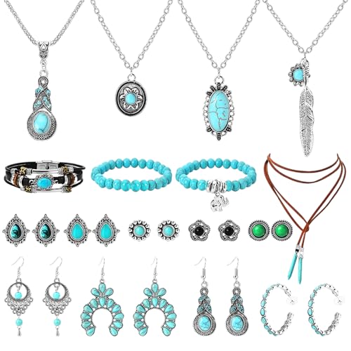 NEWITIN 49 Pieces Gold Jewelry Set for Women Fashion Costume Jewelry Gold Plated Necklace Bracelet Ring Earrings Set for Women - color: Turquoise Jewelry Set