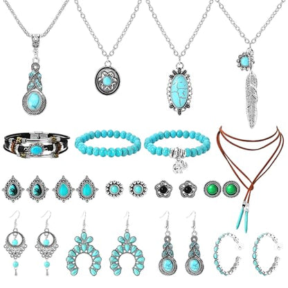 NEWITIN 49 Pieces Gold Jewelry Set for Women Fashion Costume Jewelry Gold Plated Necklace Bracelet Ring Earrings Set for Women - color: Turquoise Jewelry Set