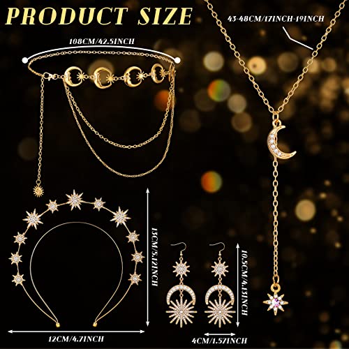 Glenmal 4 Pieces Celestial Jewelry Moon Stars Crown Necklaces and Body Chain Headband Drop Earrings for Women - color: Gold