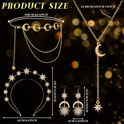 Glenmal 4 Pieces Celestial Jewelry Moon Stars Crown Necklaces and Body Chain Headband Drop Earrings for Women - color: Gold