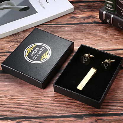 LOYALLOOK Black Initial Cufflinks and Tie Clip Set for Men Personalized Copper Cuff links and Tie Bar Letter Alphabet A-Z Gift for Father Husband Valentine Gifts for Men - color: P