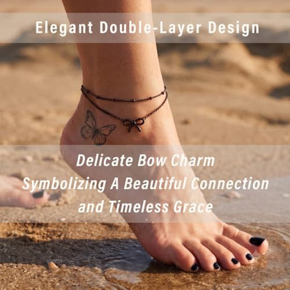 Quietsun Trendy 2 Layers Anklet Bracelets for Women-Waterproof-Adjustable-for General/Big Anklets-Gold/Silver - color: Black-Plus