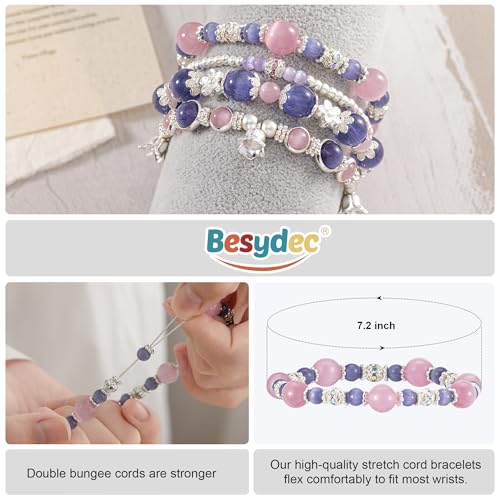 Besydec Stackable Boho Beaded Bracelets With Natural Stone & Pearl Heart & Clay Beads for Women,Adjustable Silver Jewelry - color: Purple Pink