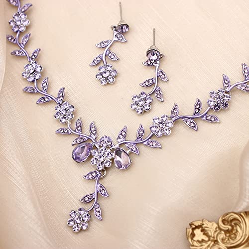 Flower Leaf Crystal Pendant Necklace Dangle Earrings Link Bracelet Bride Bridesmaid Jewelry Sets for Women Wedding Party - color: Violet-Platinum Plated
