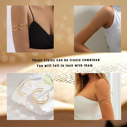 Arm Cuff for Women Layered Armlet Open Adjustable Arm Cuff Gold Silver Upper Arm Cuff Bracelet Minimalist Armband Trendy Jewelry - color: 3Pcs Gold