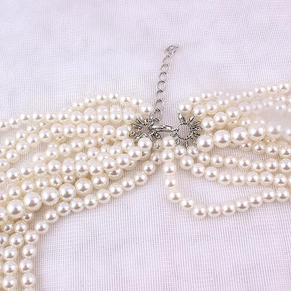 Multilayer Strand Chain Faux Pearls Flapper Beads Cluster Long Choker Necklace - color: White Necklace