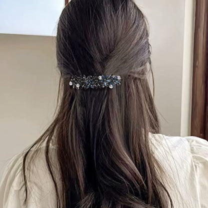 Flower Rhinestone Hair Barrettes for Women Fine Hair Glitter Sparkle Fancy Hair Clips for Women And Girls Elegant Pearl Barrettes (Black&Blue) - color: Black&Blue