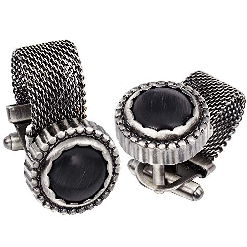 HAWSON Mens Cufflinks with Chain - Stone and Shiny Gold Tone Shirt Accessories - Party Gifts for Young Men - color: Antique Silver Color+Black Cats Eye