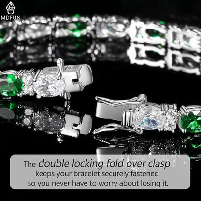 MDFUN 18K White/Yellow Gold Plated Green/Blue 5 * 7MM Oval 5A+ Cubic Zirconia Tennis Bracelet for Women Birthstone Jewelry Gift 6.5-8.5 inch - color: 18K White Gold -Green