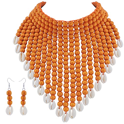 Coiris Boho African Wooden or Acrylic Beaded Bib Statement Necklace Strands Layered Cluster Chunky Collar Choker Wood Necklace for Women Fashion Costume Jewelry - color: N0065-Orange+Shell