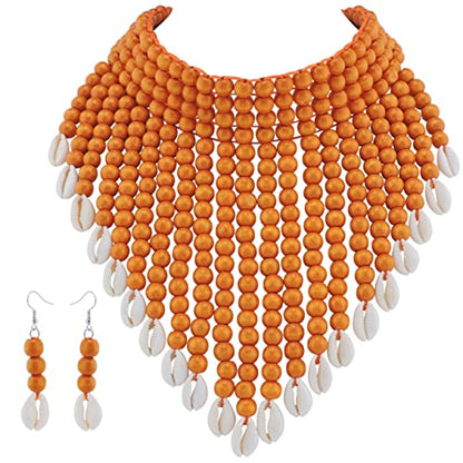 Coiris Boho African Wooden or Acrylic Beaded Bib Statement Necklace Strands Layered Cluster Chunky Collar Choker Wood Necklace for Women Fashion Costume Jewelry - color: N0065-Orange+Shell
