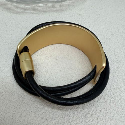 Leather Wrap Bracelet for Women Bangle Bracelet Handmade Bohemian Bangle Bold Statement Leather Bracelet for Women Trendy - style: Black Leather Wrap Bracelet-Gold
