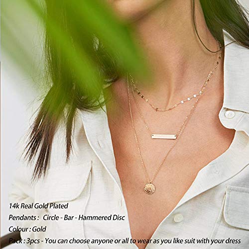 Turandoss Gold Layered Necklaces for Women - 14K Gold Plated Handmade Multilayer Bar Pearls Coin Disc Moon Butterfly Medallion Adjustable Dainty Layered Choker Necklaces for Women Jewelry - style: 3PCS - Link Chain&Bar&Hammered Disc