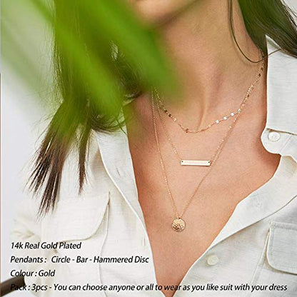 Turandoss Gold Layered Necklaces for Women - 14K Gold Plated Handmade Multilayer Bar Pearls Coin Disc Moon Butterfly Medallion Adjustable Dainty Layered Choker Necklaces for Women Jewelry - style: 3PCS - Link Chain&Bar&Hammered Disc