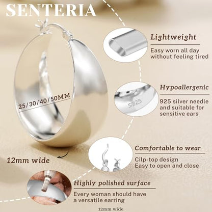 Senteria 12mm Wide Thick Sterling Silver Hoop Earrings Hypoallergenic | 14K Real Gold Plated Hoops Large Earring Lightweight Chunky Hoops Earring for Women Gift for Birthday Christmas 25/30/40/50MM - color: Silver-40mm